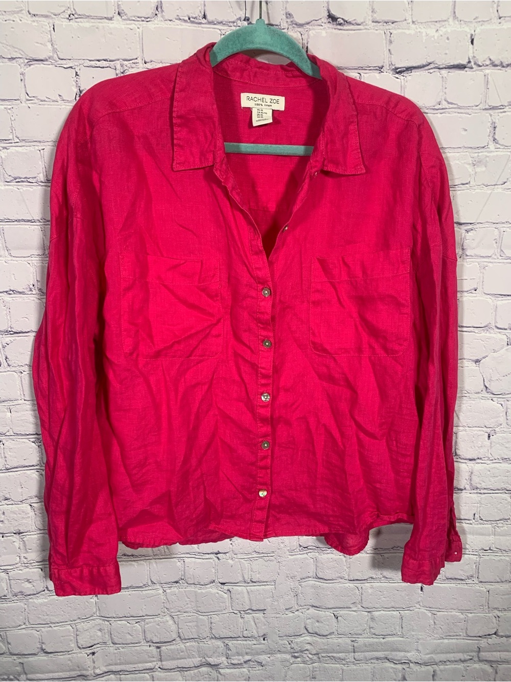 Rachel Zoe Womens Long Sleeve Linen Button Down Red Size XL Lightweight Preppy